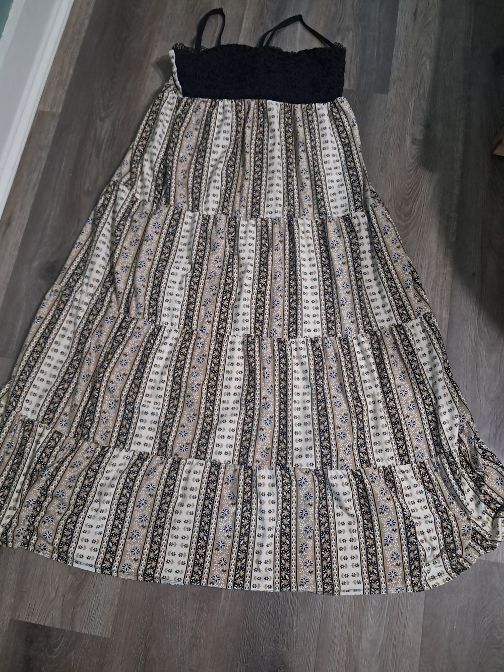 No Boundaries Black Waistband Tiered Maxi Skirt with Cream, Tan & Blue Print